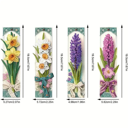 Set of four floral bookmarks with measurements on a white background
