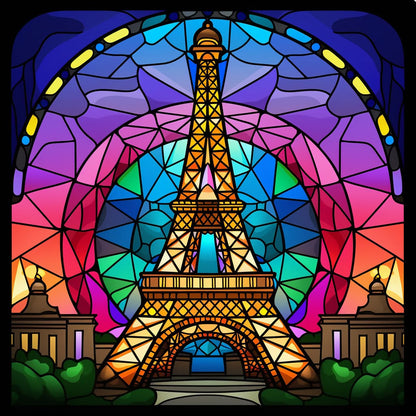 design featuring the Eiffel Tower in gold against a vibrant purple, magenta, and blue geometric mosaic night sky.