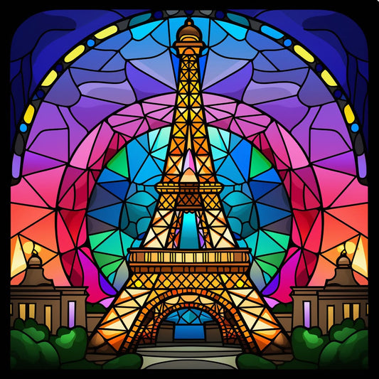design featuring the Eiffel Tower in gold against a vibrant purple, magenta, and blue geometric mosaic night sky.