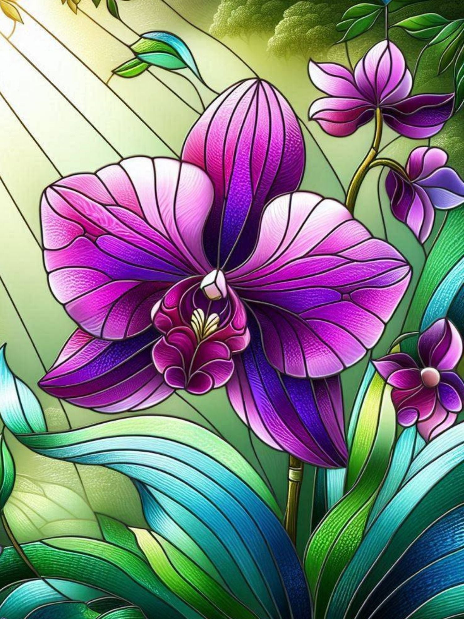 A stained-glass style diamond painting of a large purple orchid surrounded by teal and green leaves with a glowing yellow sunbeam background.