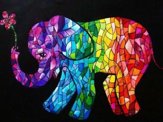 Colorful stained glass-style elephant holding a flower on a black background