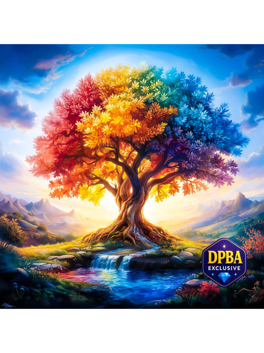 Fantasy artwork of a rainbow-colored tree beside a glowing river, designed for diamond painting, DPBA exclusive