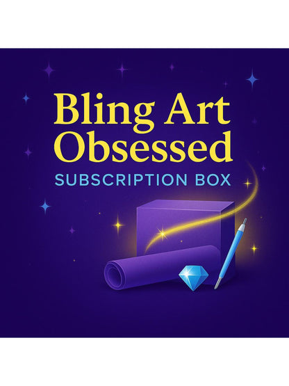 The Bling Art Club Obsessed Box: purple box with 2 small, 1 large rolled canvases, advanced tool kit, DIY craft kit
