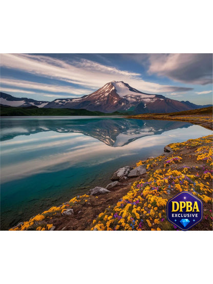 Snow-capped mountain reflected in a lake with wildflowers in foreground, DPBA Exclusive diamond painting.