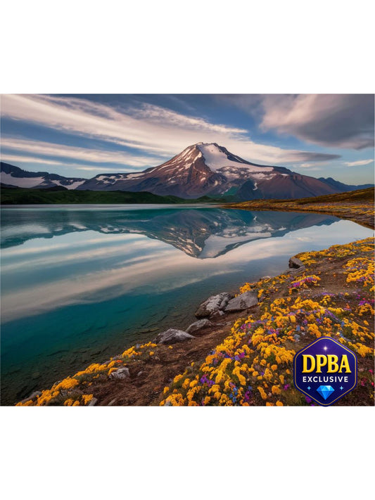 Snow-capped mountain reflected in a lake with wildflowers in foreground, DPBA Exclusive diamond painting.