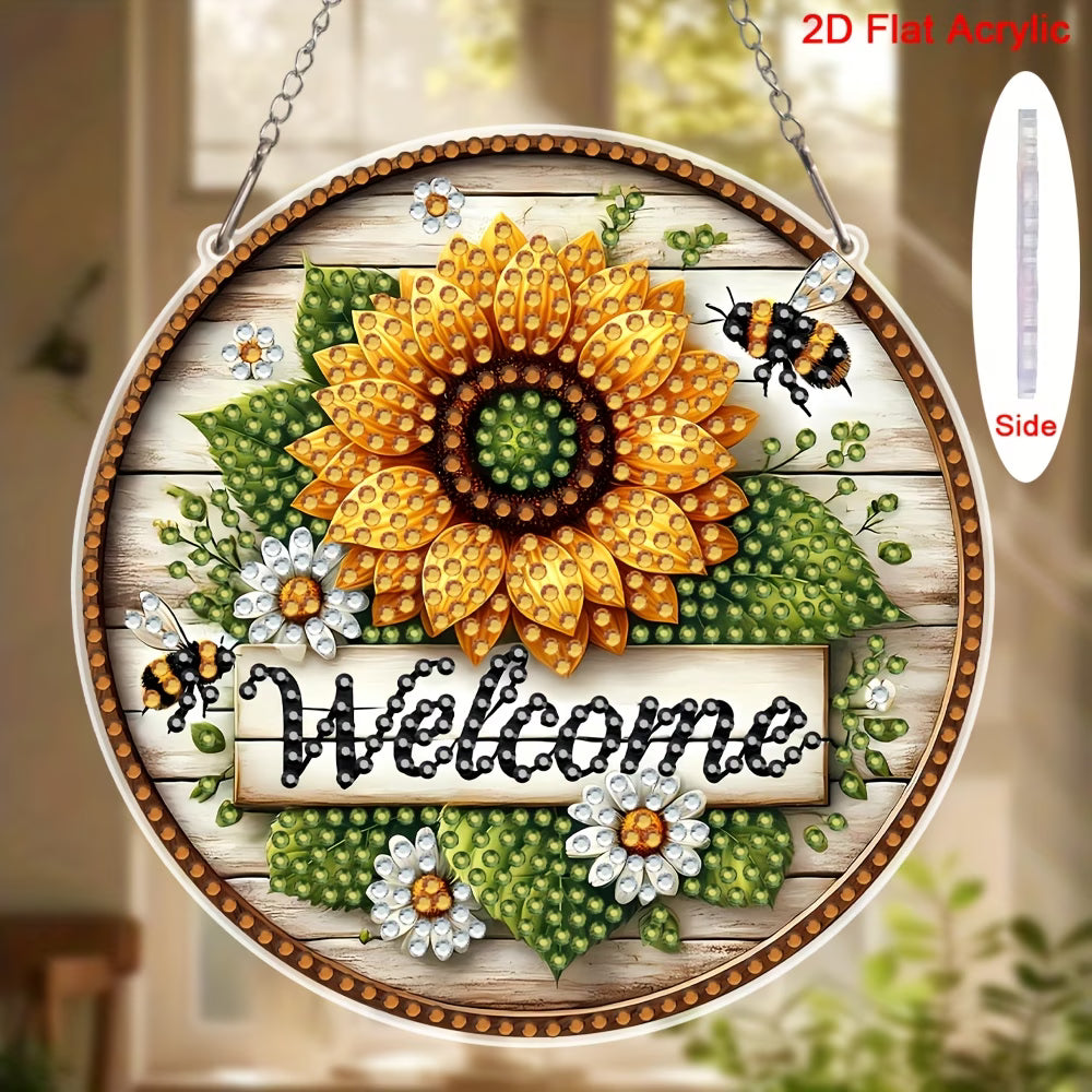 Decorative wall art with sunflower, bees, and 'Welcome' text on a wooden background.