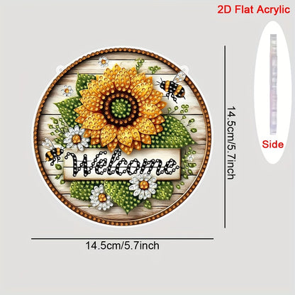 Round decorative item with sunflower design, bees, and 'Welcome' text on a wooden texture background, with measurements indicated.