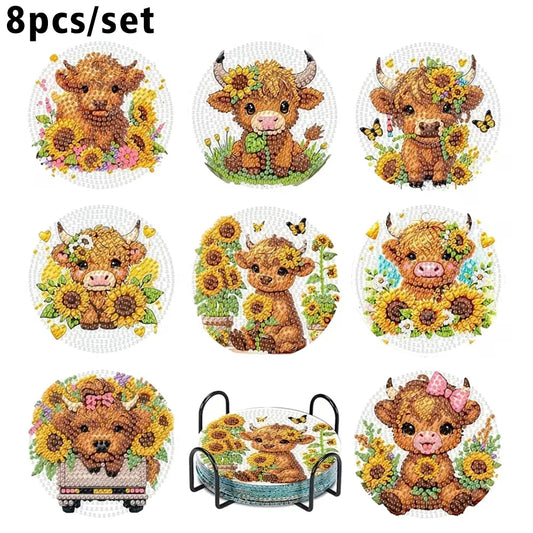 Highland Cow & Sunflower Diamond Art Coaster Set (8-Piece)