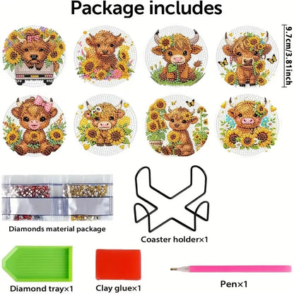 Highland Cow & Sunflower Diamond Art Coaster Set (8-Piece)