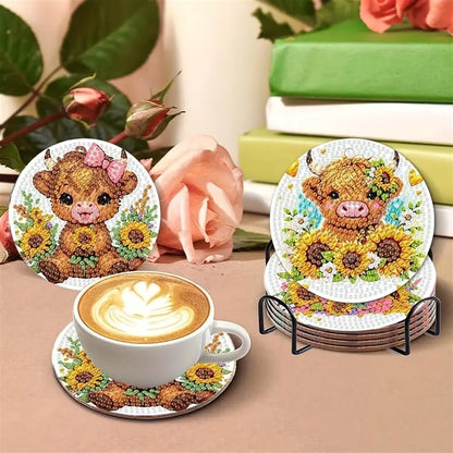 Highland Cow & Sunflower Diamond Art Coaster Set (8-Piece)