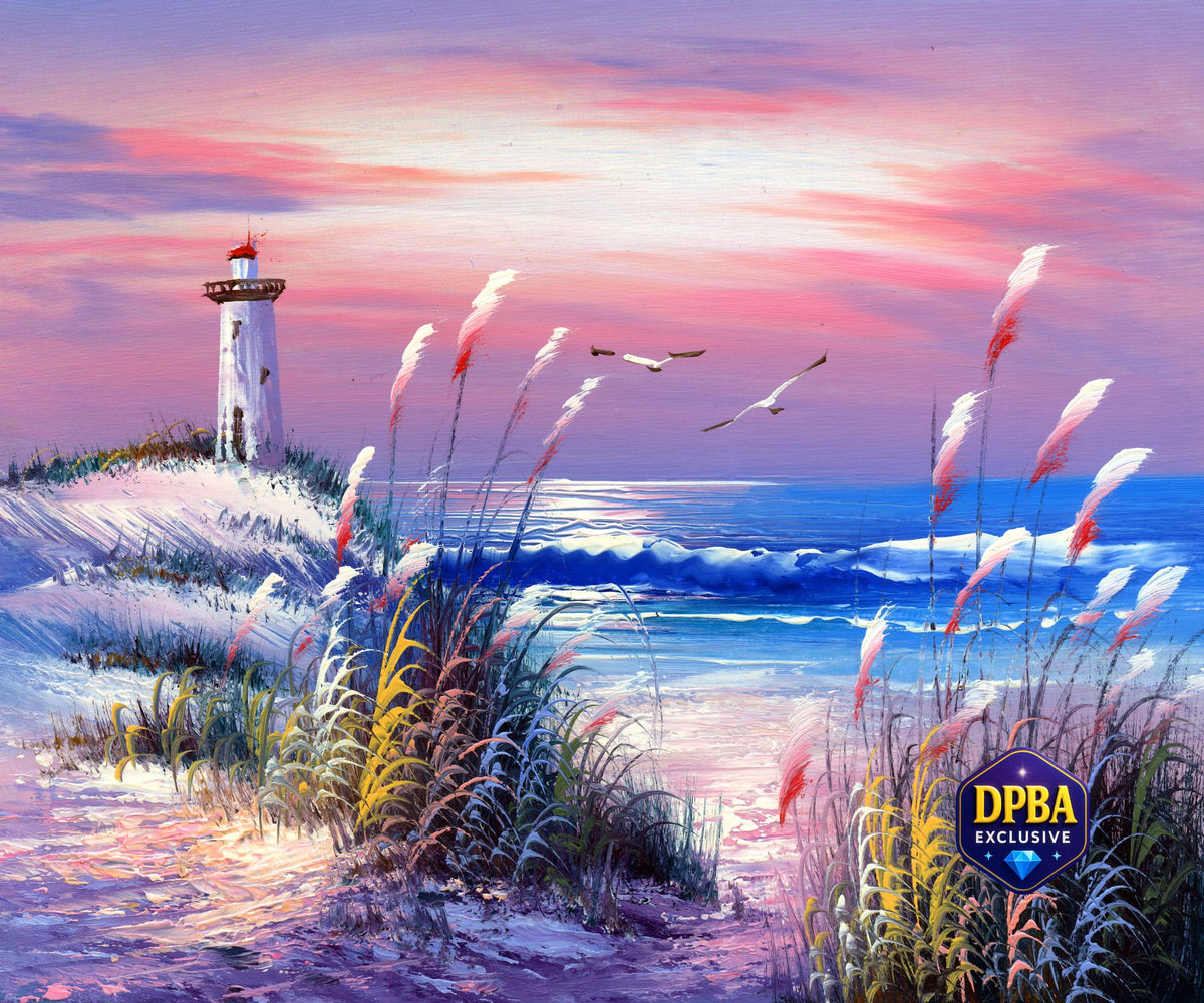 A colorful coastal landscape painting featuring a white lighthouse on a sandy cliff, tall beach grasses in the foreground, ocean waves, two seagulls in the sky, and a pink-purple sunset sky. A DPBA Exclusive logo appears in the lower right corner.