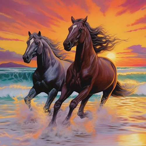 Two horses running in water at sunset. Diamond painting kit, animal art