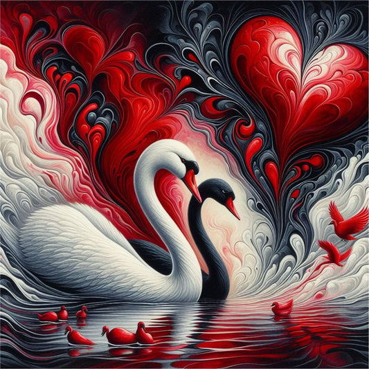 A dramatic painting design of a black swan and a white swan floating together on a red lake, with a background of swirling red, black, and white heart shapes.