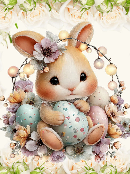 Cartoon bunny with Easter eggs and flowers on a light background