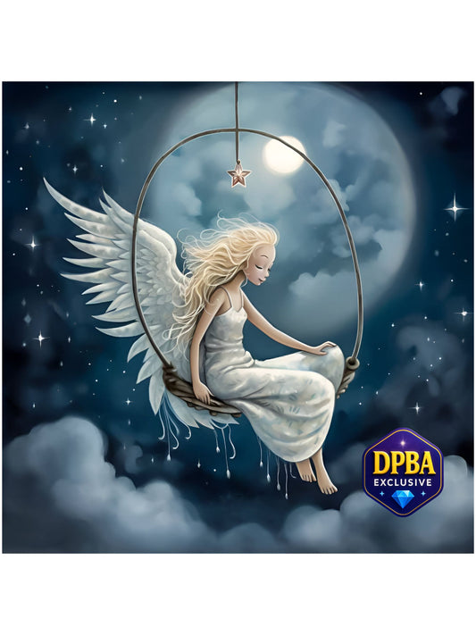 Dreamy angel diamond painting of white-winged figure sitting on a moonlit swing in a starry night sky, DPBA exclusive