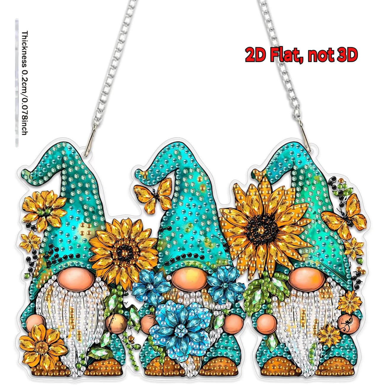 A completed 2D flat acrylic diamond-painted sun catcher featuring three gnomes with teal hats surrounded by yellow sunflowers and blue blossoms.