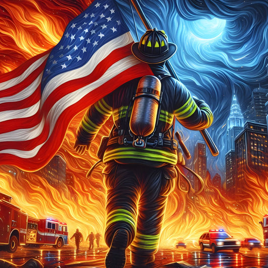 Firefighter holding an American flag with a cityscape in the background