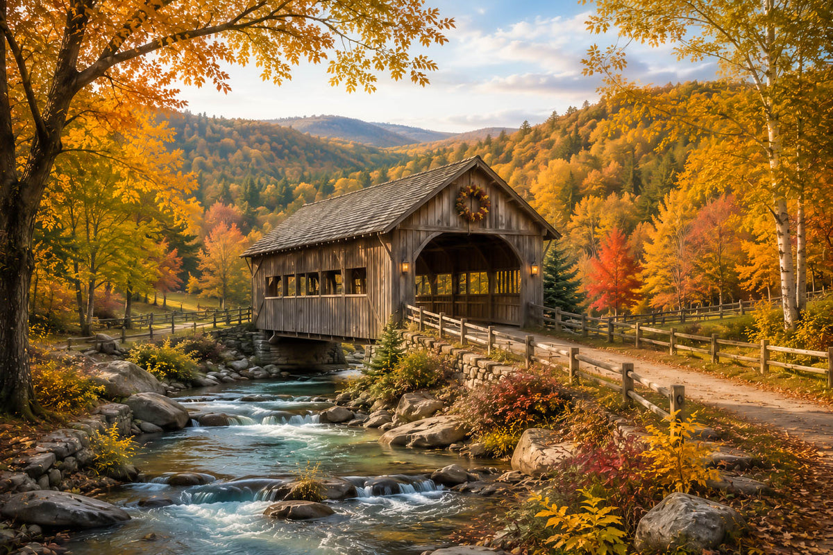A scenic autumn landscape featuring a rustic wooden covered bridge spanning a flowing stream, surrounded by vibrant yellow, orange, and red fall foliage, rocky banks, and distant mountains under a soft blue sky.