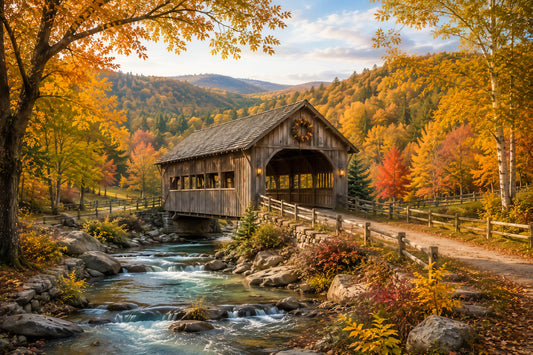 A scenic autumn landscape featuring a rustic wooden covered bridge spanning a flowing stream, surrounded by vibrant yellow, orange, and red fall foliage, rocky banks, and distant mountains under a soft blue sky.