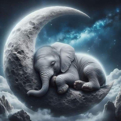 Baby elephant sleeping on a moon-like rock with a starry night sky background