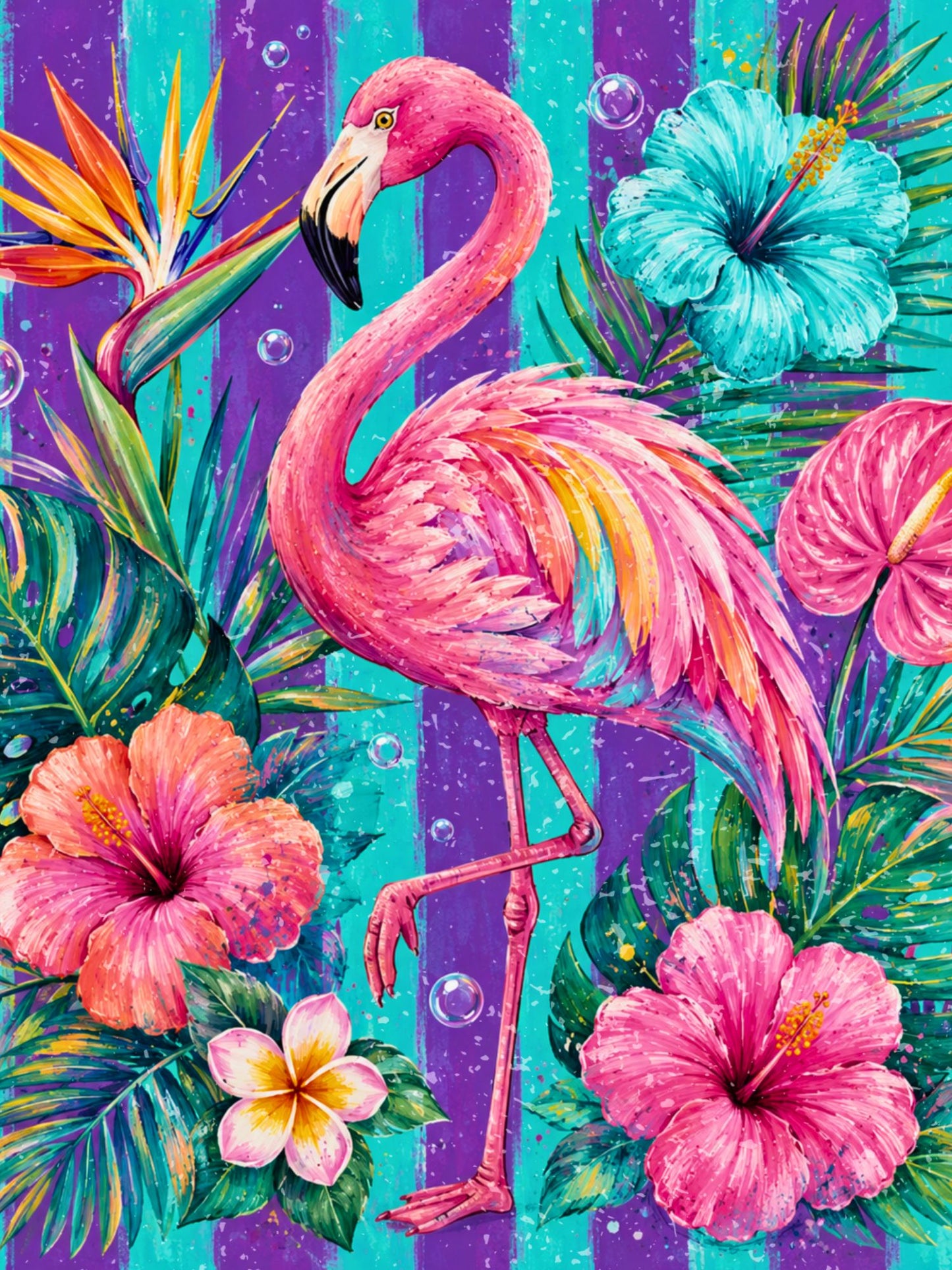 Colorful flamingo surrounded by tropical flowers and leaves on a striped background