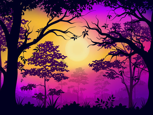 Silhouettes of trees against a vibrant sunset sky with purple and yellow hues.