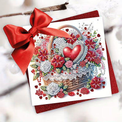 Decorative card with a red bow, heart, and floral design on a white background
