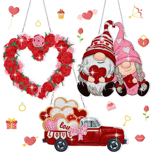 Decorative set with gnomes, heart-shaped wreath, and red truck on a white background.