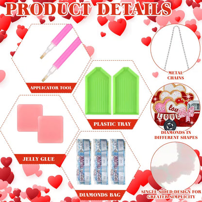 Product details of a diamond painting kit with tools and materials on a heart-themed background.