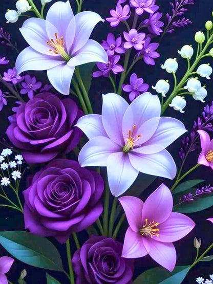 A close-up floral arrangement featuring large pale lavender lilies, deep purple roses, and smaller purple and white blossoms with green stems on a dark background.