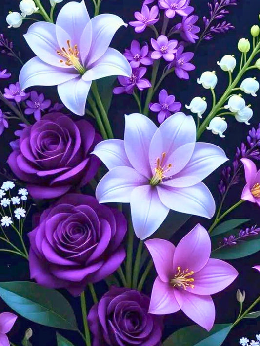 A close-up floral arrangement featuring large pale lavender lilies, deep purple roses, and smaller purple and white blossoms with green stems on a dark background.