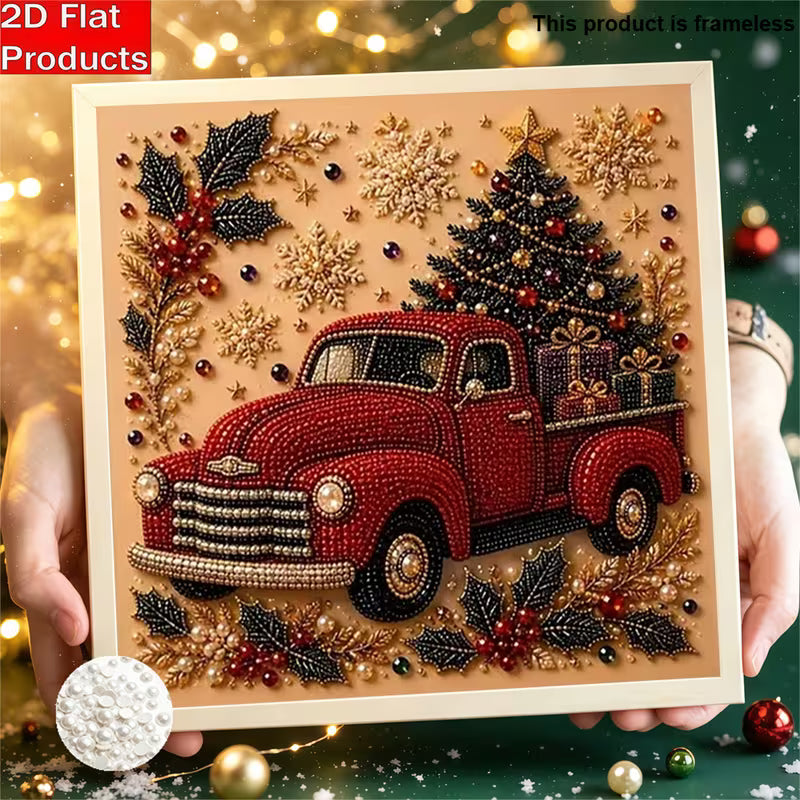 A 25x25cm square DIY pearl diamond painting kit featuring a vintage red pickup truck carrying a Christmas tree and presents with pearl and rhinestone accents.
