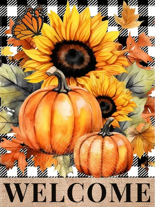 Autumn-themed decorative sign with pumpkins, sunflowers, and leaves on a checkered background.