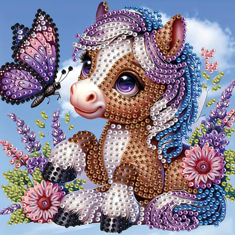 Decorative diamond painting of a horse with a butterfly and flowers on a blue background