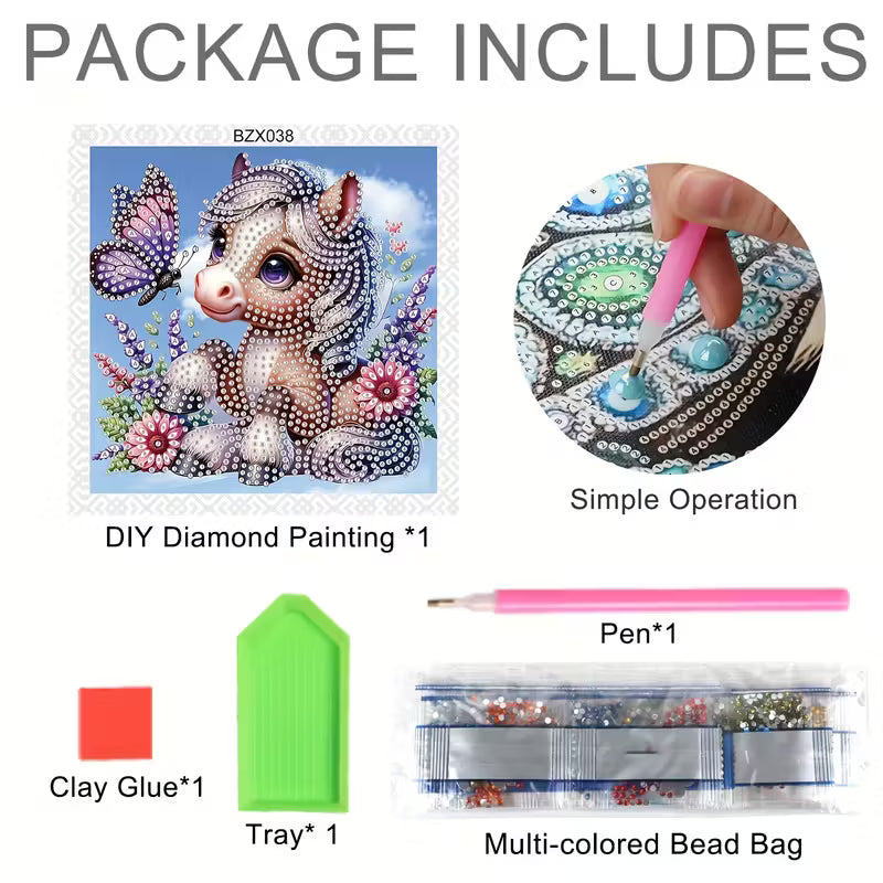 Product package with DIY diamond painting kit including a pony illustration, tools, and materials.