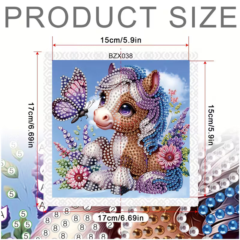 Product size chart with a unicorn and butterfly design, showing dimensions and product code.