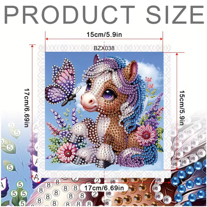 Product size chart with a unicorn and butterfly design, showing dimensions and product code.