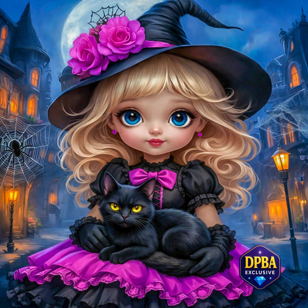 A stylized digital illustration of a blonde girl in a witch hat with pink roses, wearing a black and magenta dress and holding a black cat, set against a spooky haunted-house night scene. A 'DPBA EXCLUSIVE' badge appears in the lower right corner.