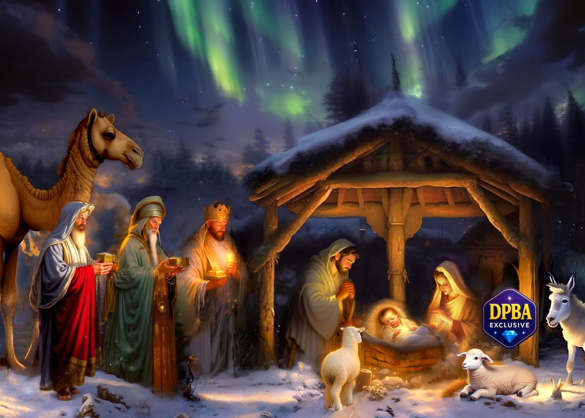 A festive nativity scene artwork showing Mary, Joseph, baby Jesus in a stable, with wise men, a camel, sheep, and a donkey in a snowy night landscape under green aurora lights. A DPBA Exclusive badge appears in the lower right corner.