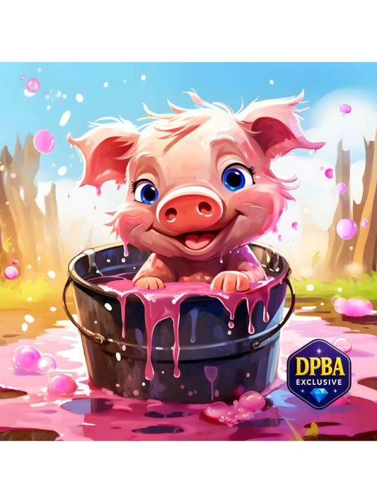 Cute pink piglet in a black bucket filled with pink slime in cartoon-style diamond painting, DPBA exclusive