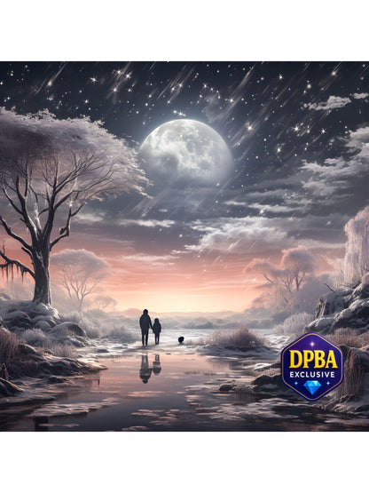 Dreamy winter diamond painting of parent and child walking under full moon and starry night sky, DPBA exclusive