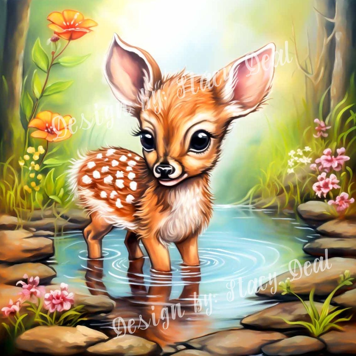 A Fawn’s Spring Paradise by Stacy Deal 50x50cm (20"x20") - Diamond Painting Bling Art