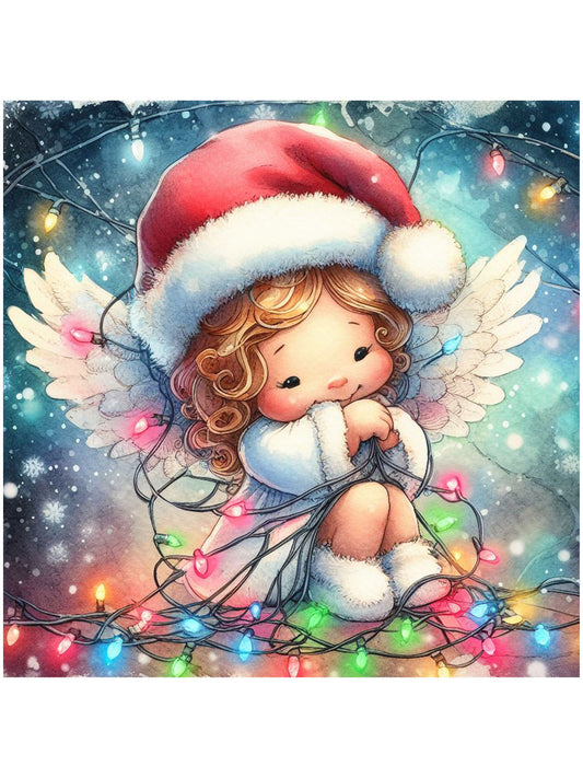 Angel Entangled Lights Diamond Painting Kit  A cute angel in a Santa hat, tangled in colorful Christmas lights, with snowflakes falling