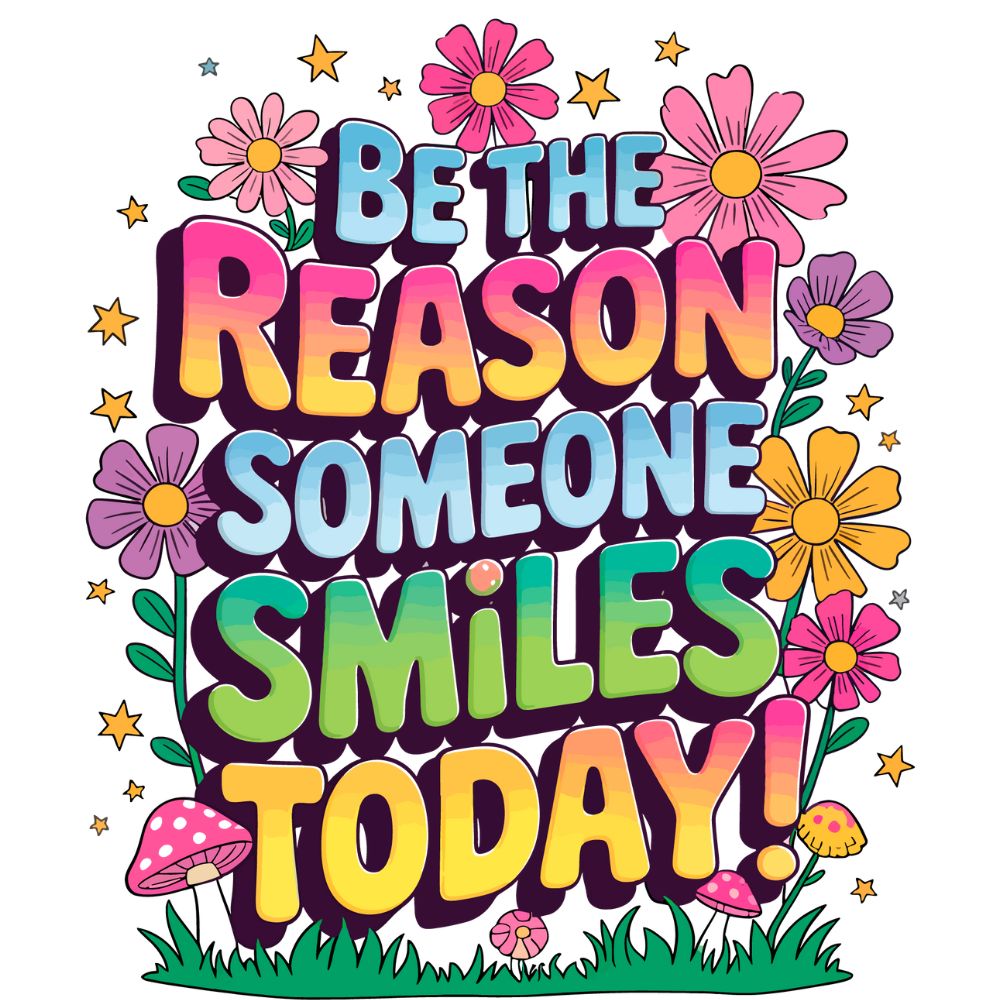 A diamond painting design featuring the quote 'BE THE REASON SOMEONE SMILES TODAY!' in colorful letters with flowers, mushrooms, and stars.