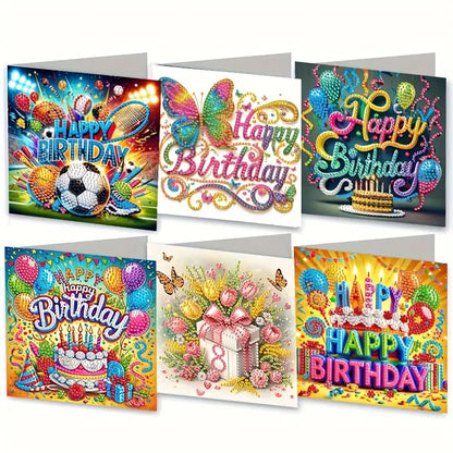 A set of six finished diamond art birthday cards, each with a unique design, including a butterfly, birthday cakes, balloons, flowers, and a sports theme