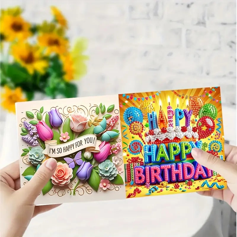 Colorful birthday card with floral design and 'Happy Birthday' text held by hands against a light background.