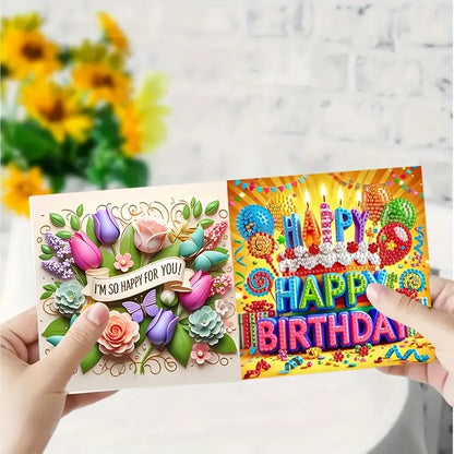 Colorful birthday card with floral design and 'Happy Birthday' text held by hands against a light background.