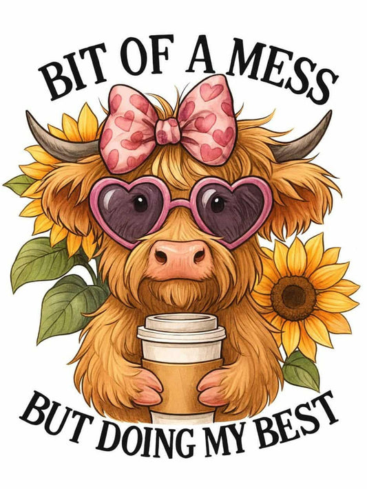 Illustration of a fluffy highland cow with sunglasses and a coffee cup, surrounded by sunflowers, on a white background. cow