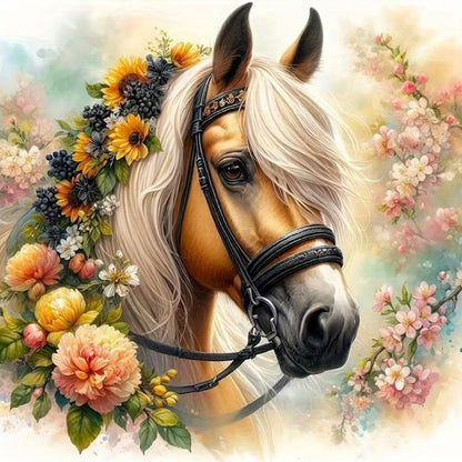 A stylized portrait of a horse with a cream mane and black bridle, surrounded by colorful flowers and blossoms in a soft pastel, watercolor-like background.