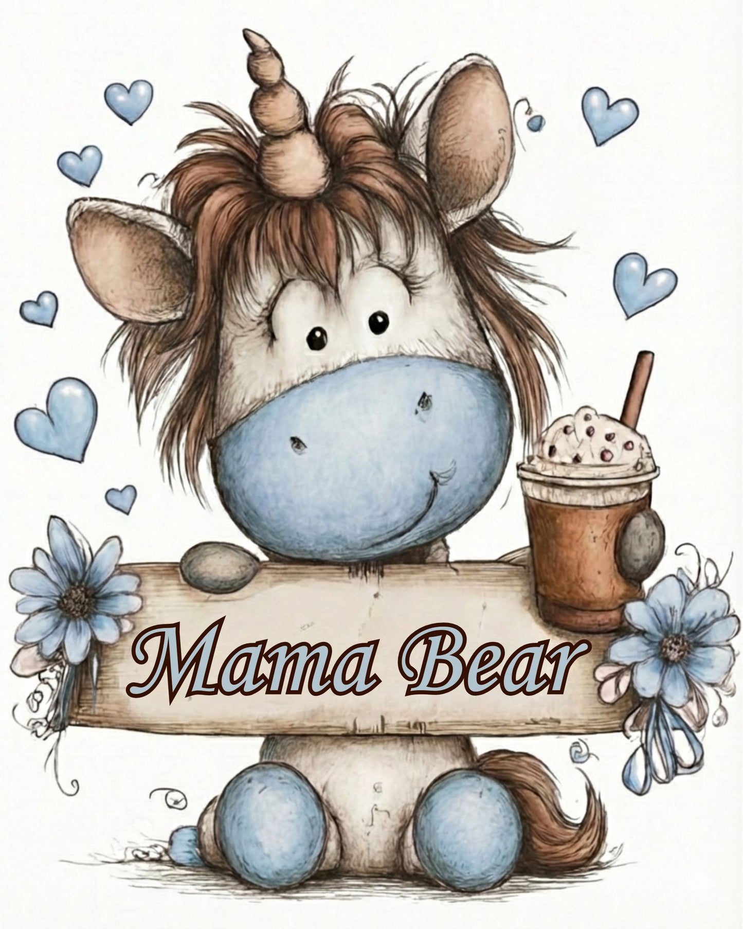 Cartoon character with 'Mama Bear' sign and coffee cup on a white background